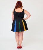 Smak Parlour Plus Size Black & Rainbow Pleated Skirted Romper - Unique Vintage - Womens, BOTTOMS, ROMPERS AND JUMPSUITS