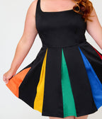 Smak Parlour Plus Size Black & Rainbow Pleated Skirted Romper - Unique Vintage - Womens, BOTTOMS, ROMPERS AND JUMPSUITS