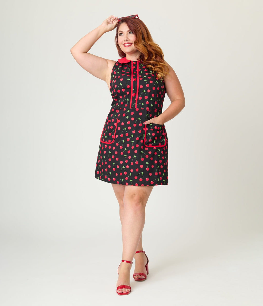 Smak Parlour Plus Size Black & Red Cherry Cotton Shift Dress - Unique Vintage - Womens, DRESSES, A - LINE