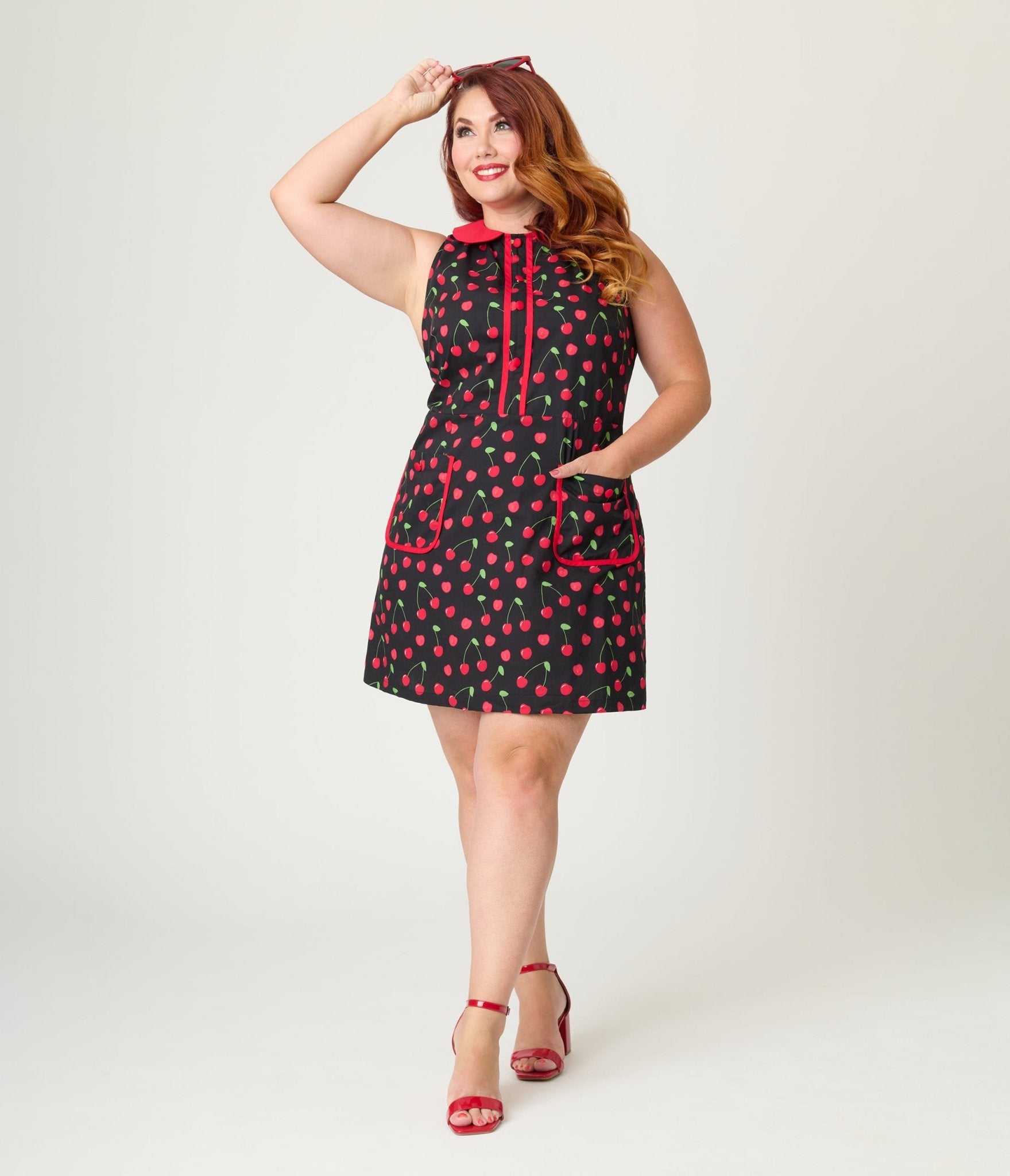 Smak Parlour Plus Size Black & Red Cherry Cotton Shift Dress - Unique Vintage - Womens, DRESSES, A - LINE