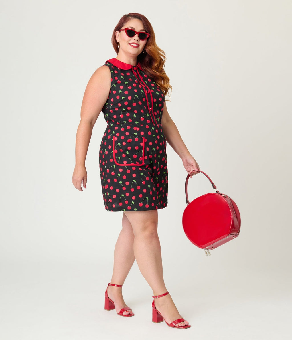 Smak Parlour Plus Size Black & Red Cherry Cotton Shift Dress - Unique Vintage - Womens, DRESSES, A - LINE