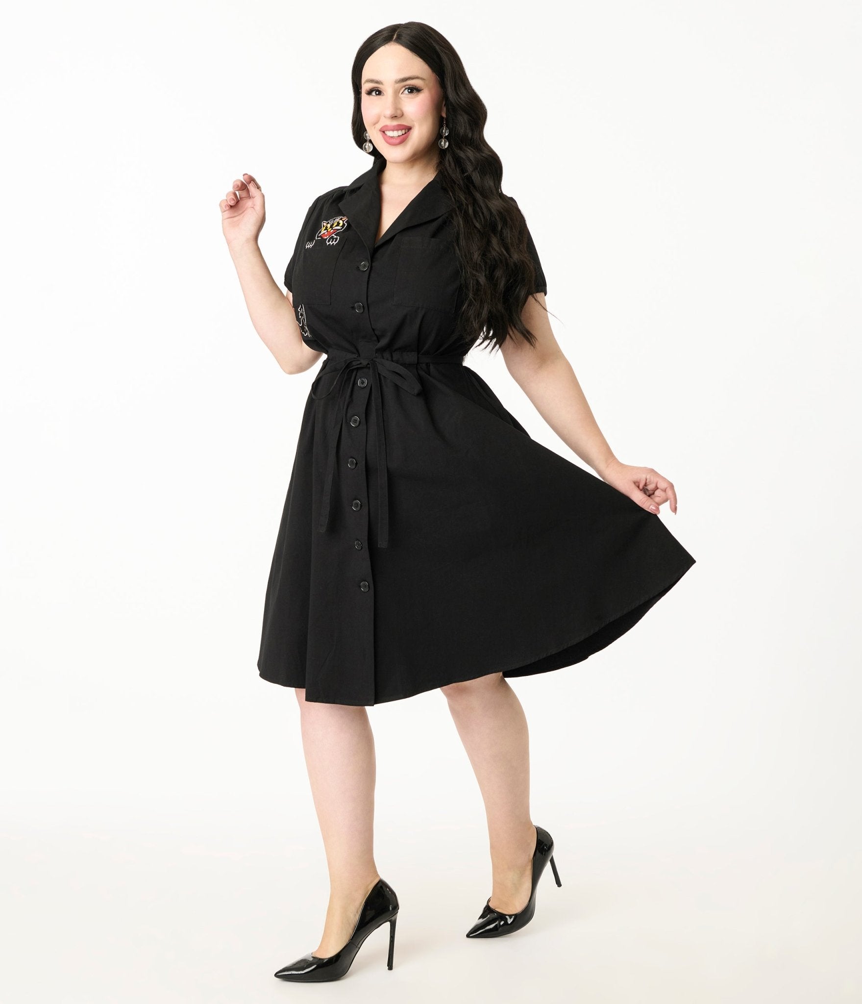 Smak Parlour Plus Size Black Scaredy Cat Cotton Fit & Flare Dress - Unique Vintage - Womens, DRESSES, FIT AND FLARE