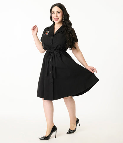 Smak Parlour Plus Size Black Scaredy Cat Cotton Fit & Flare Dress - Unique Vintage - Womens, DRESSES, FIT AND FLARE