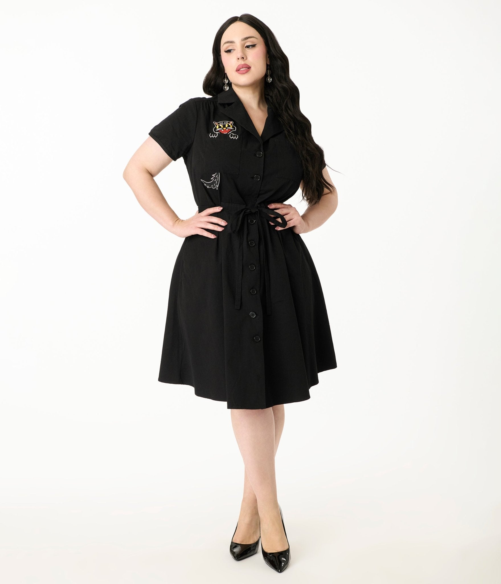 Smak Parlour Plus Size Black Scaredy Cat Cotton Fit & Flare Dress - Unique Vintage - Womens, DRESSES, FIT AND FLARE