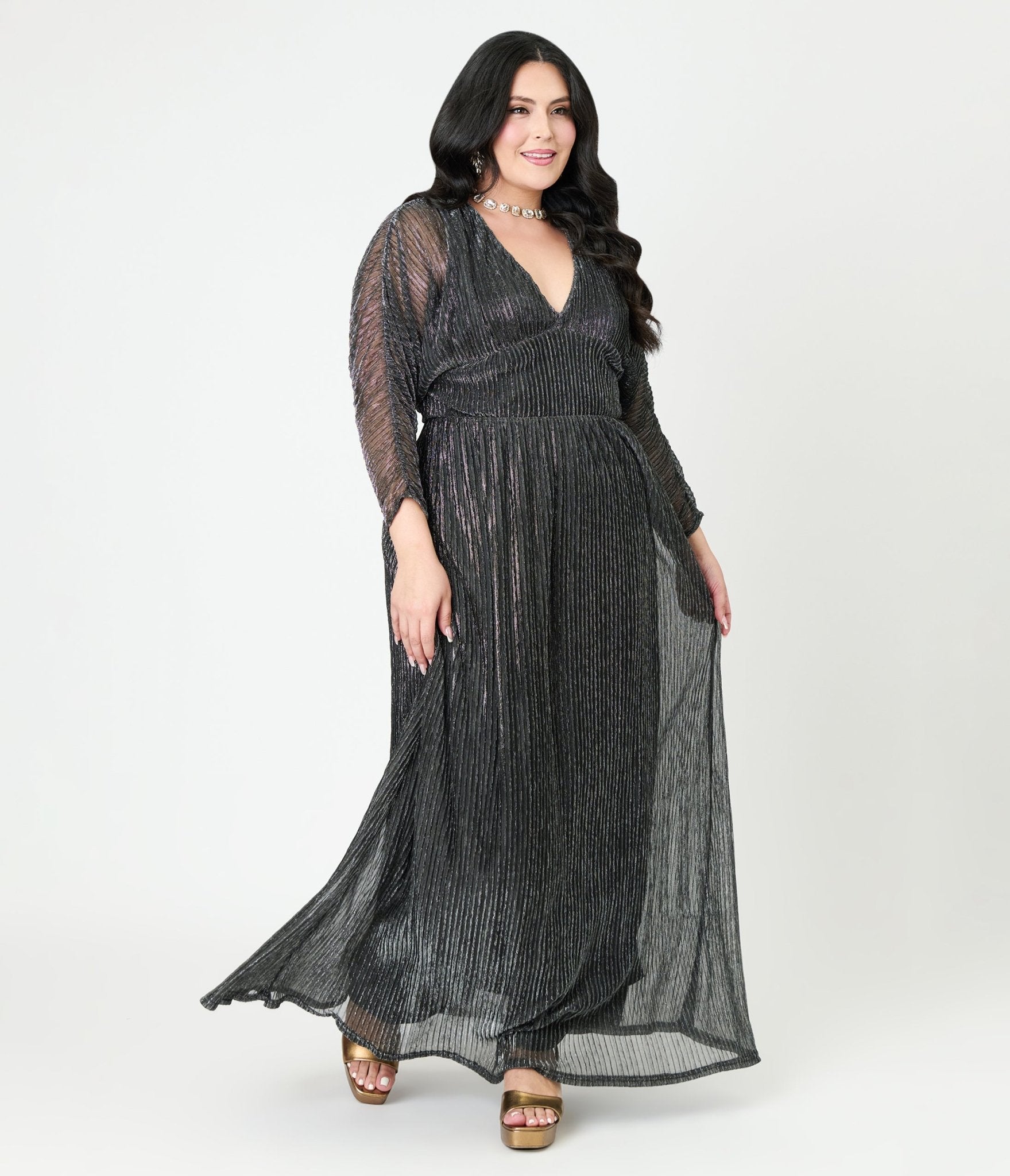 Smak Parlour Plus Size Black & Silver Shimmer Maxi Dress - Unique Vintage - Womens, DRESSES, MAXI