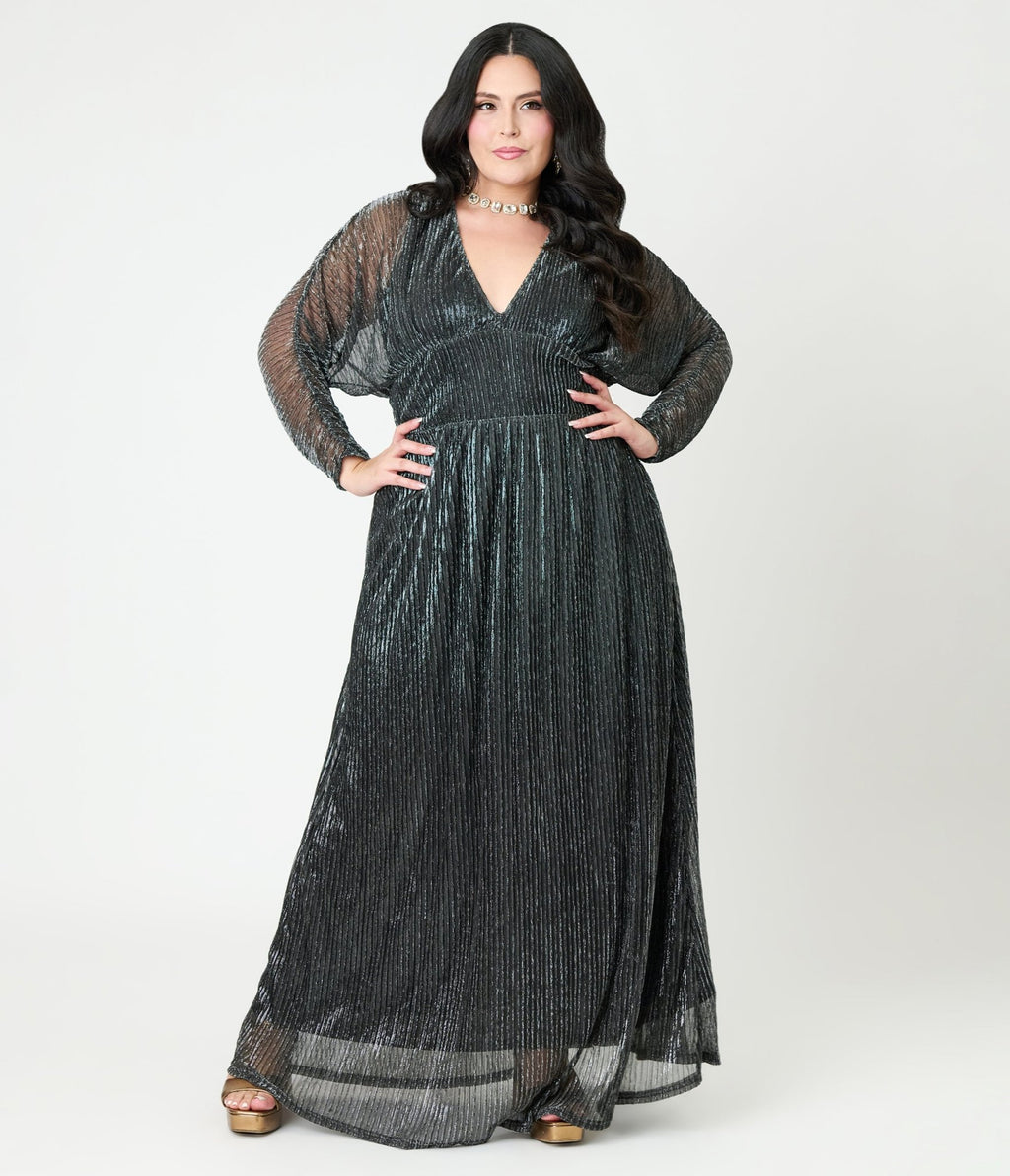 Smak Parlour Plus Size Black & Silver Shimmer Maxi Dress - Unique Vintage - Womens, DRESSES, MAXI