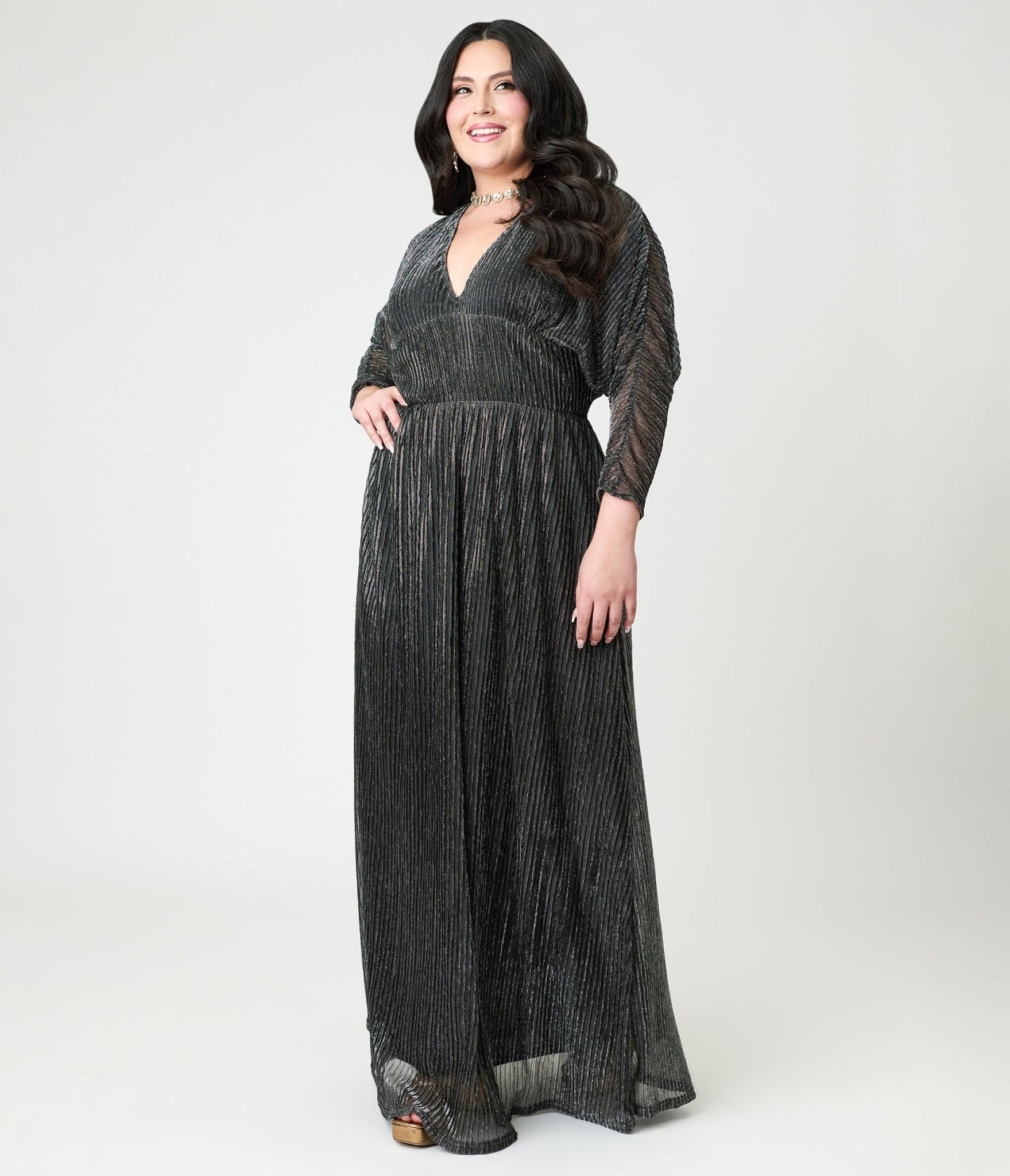 Smak Parlour Plus Size Black & Silver Shimmer Maxi Dress - Unique Vintage - Womens, DRESSES, MAXI