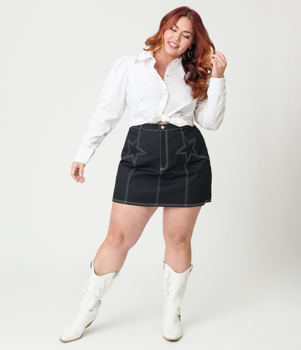 Smak Parlour Plus Size Black Star Denim Mini Skirt - Unique Vintage - Womens, BOTTOMS, SKIRTS