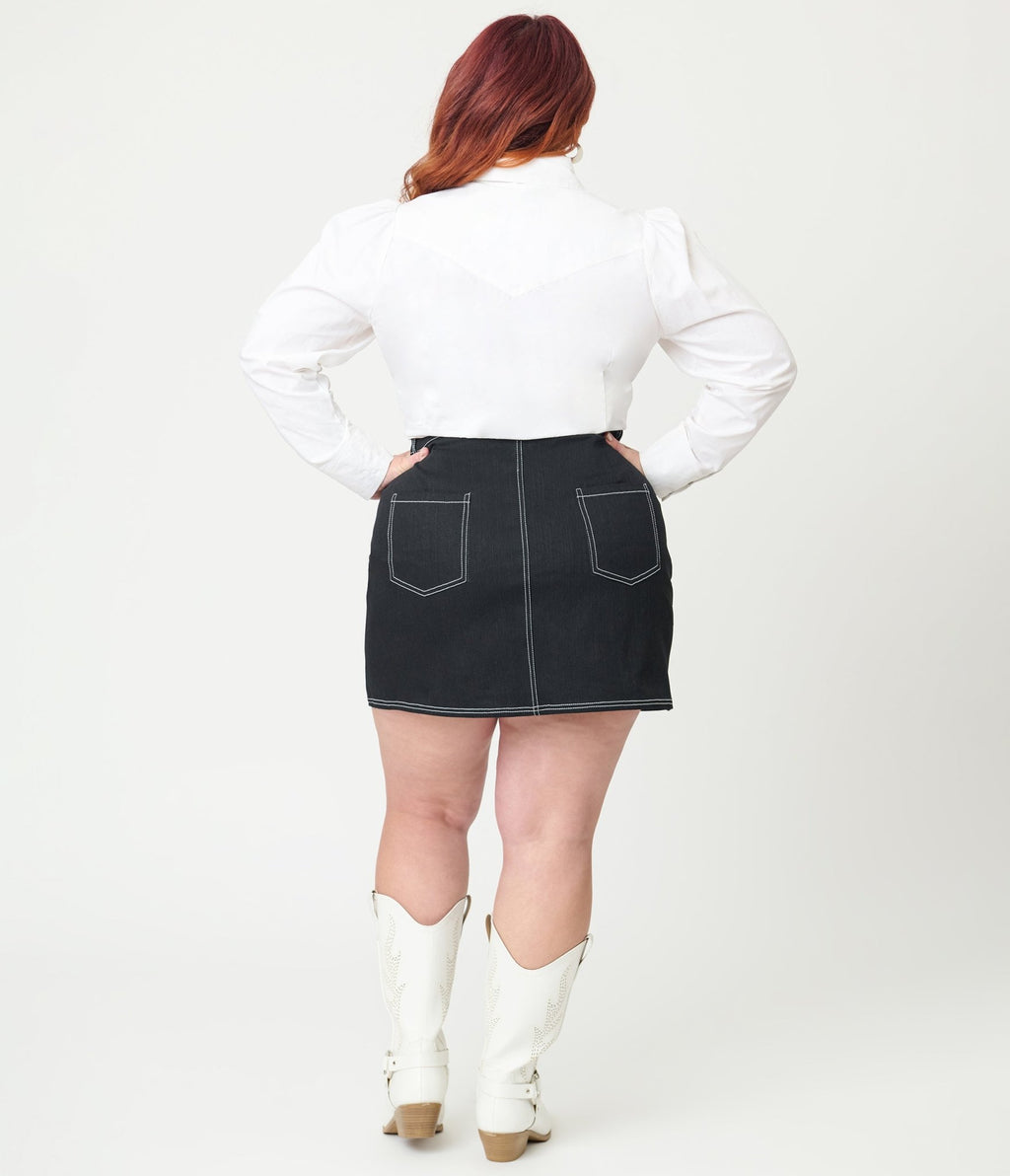 Smak Parlour Plus Size Black Star Denim Mini Skirt - Unique Vintage - Womens, BOTTOMS, SKIRTS