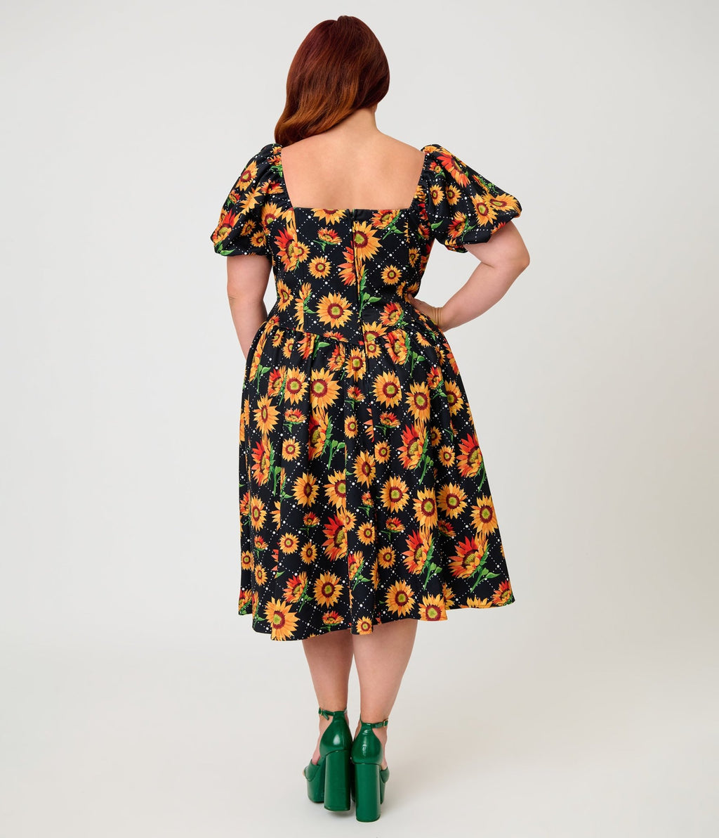 Smak Parlour Plus Size Black & Sunflower Sweetheart Swing Dress - Unique Vintage - Womens, DRESSES, SWING