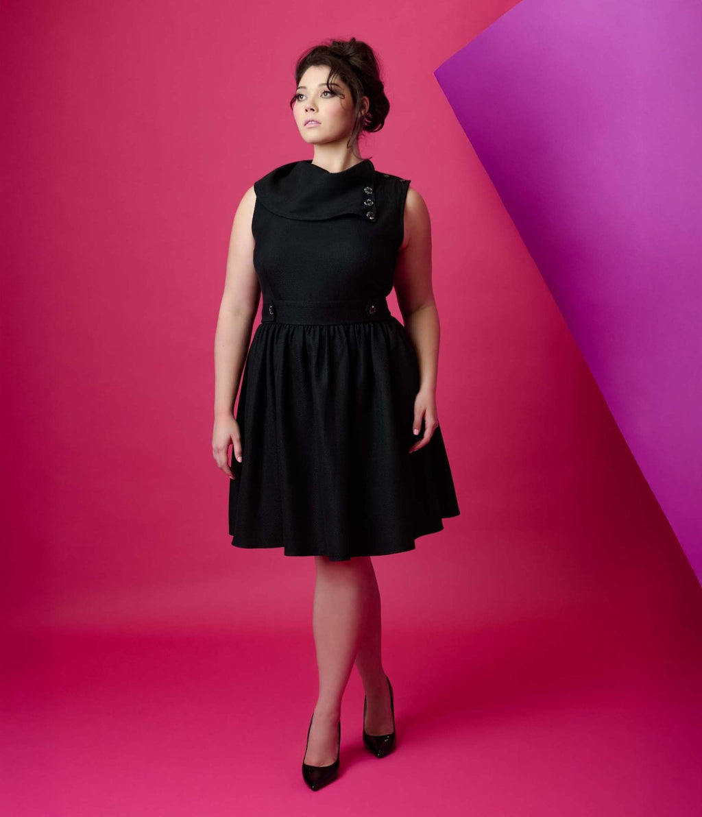 Smak Parlour Plus Size Black Tweed Funnel Neck Fit & Flare Dress - Unique Vintage - Womens, DRESSES, FIT AND FLARE