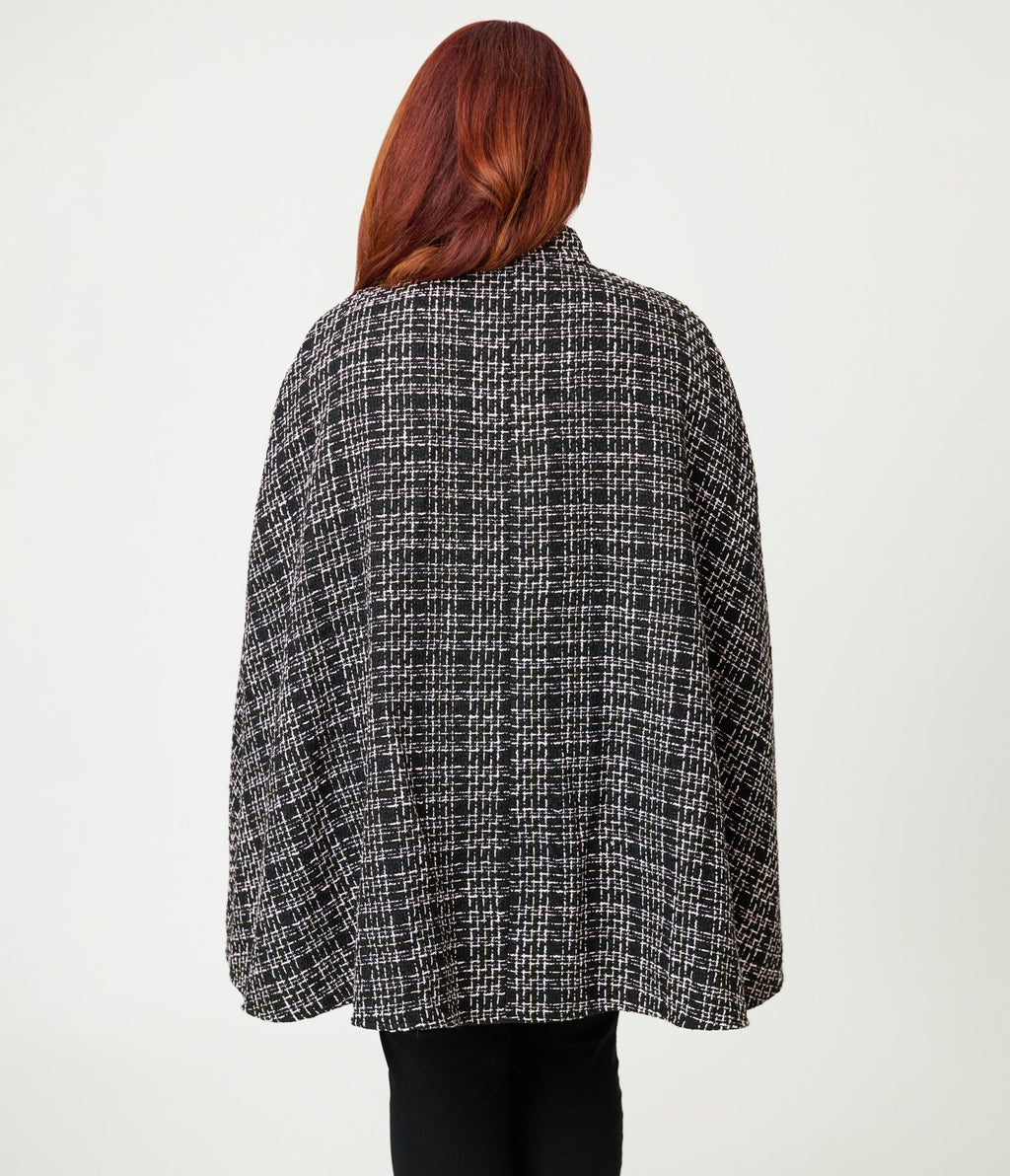 Smak Parlour Plus Size Black Tweed Plaid Savile Row Cape Coat - Unique Vintage - Womens, TOPS, OUTERWEAR