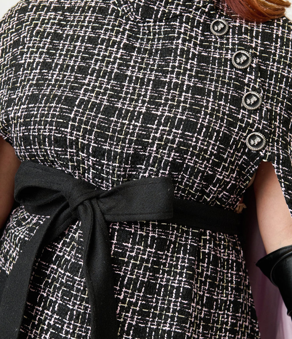 Smak Parlour Plus Size Black Tweed Plaid Savile Row Cape Coat - Unique Vintage - Womens, TOPS, OUTERWEAR