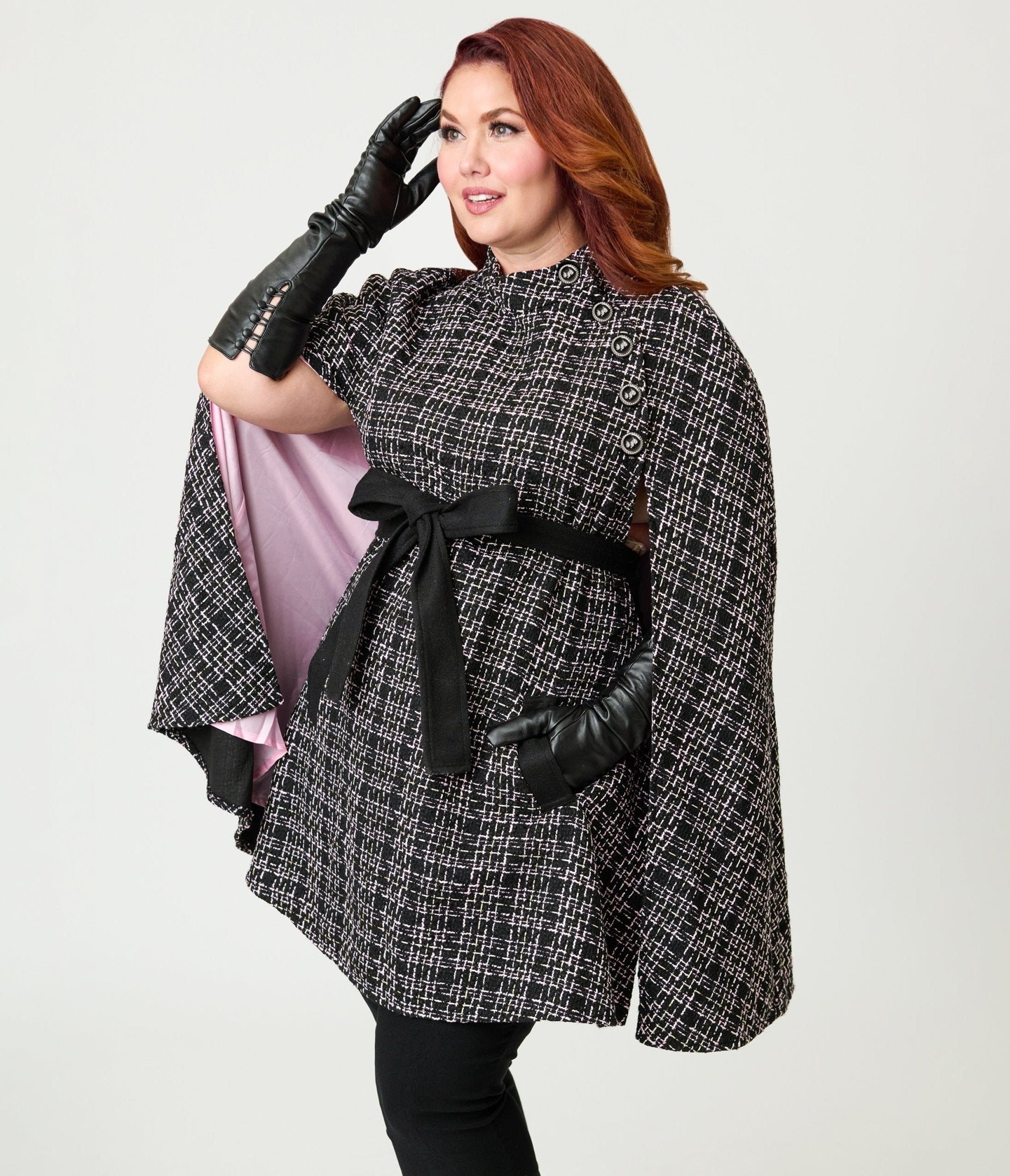 Smak Parlour Plus Size Black Tweed Plaid Savile Row Cape Coat - Unique Vintage - Womens, TOPS, OUTERWEAR