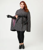 Smak Parlour Plus Size Black Tweed Plaid Savile Row Cape Coat - Unique Vintage - Womens, TOPS, OUTERWEAR