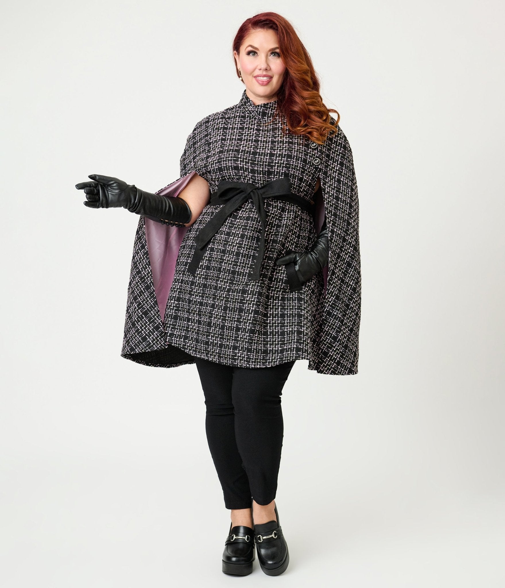 Smak Parlour Plus Size Black Tweed Plaid Savile Row Cape Coat - Unique Vintage - Womens, TOPS, OUTERWEAR