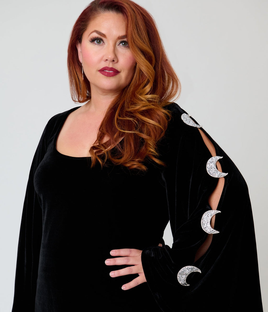 Smak Parlour Plus Size Black Velvet Moon Cutout Bell Sleeve Mini Dress - Unique Vintage - Womens, DRESSES, FIT AND FLARE