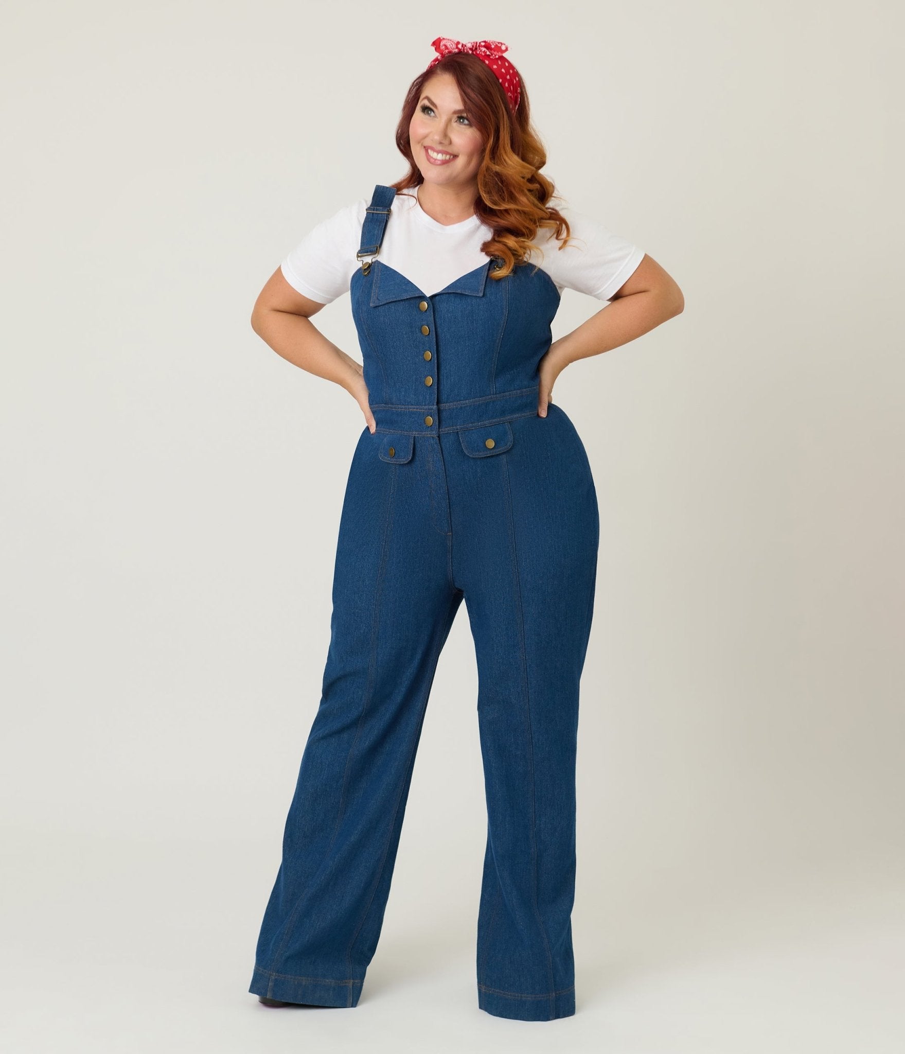 Smak Parlour Plus Size Blue Denim Wide Leg Dungarees - Unique Vintage - Womens, BOTTOMS, ROMPERS AND JUMPSUITS