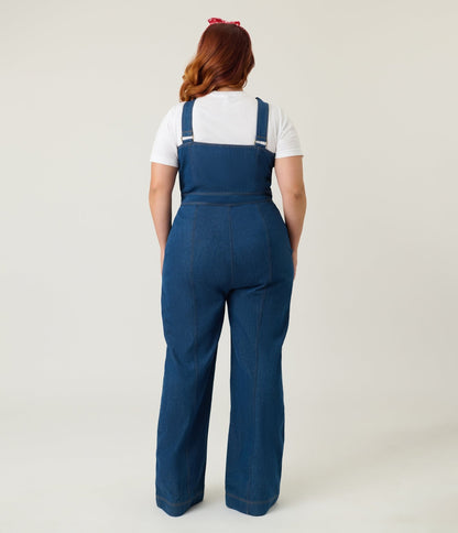 Smak Parlour Plus Size Blue Denim Wide Leg Dungarees - Unique Vintage - Womens, BOTTOMS, ROMPERS AND JUMPSUITS