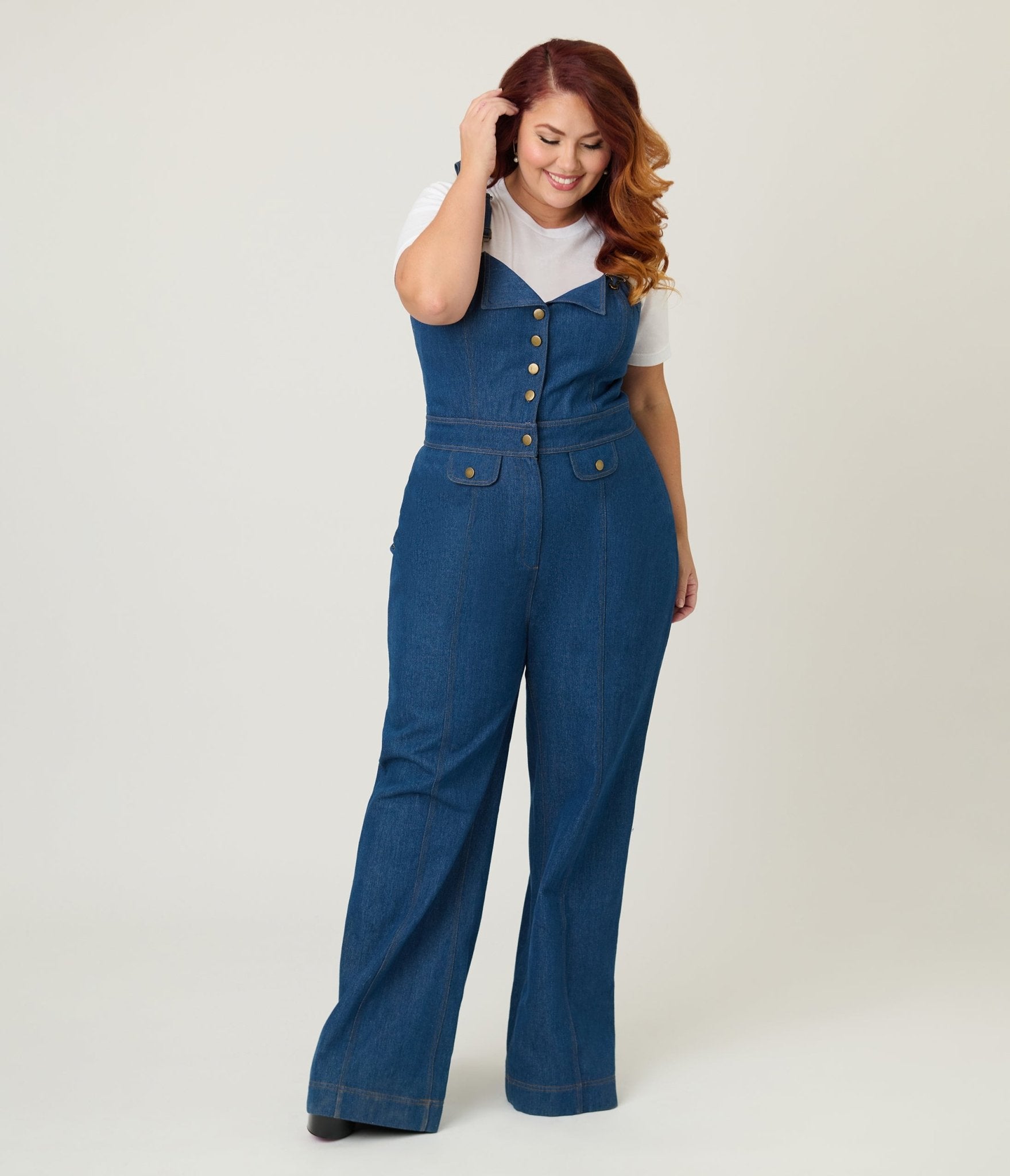 Smak Parlour Plus Size Blue Denim Wide Leg Dungarees - Unique Vintage - Womens, BOTTOMS, ROMPERS AND JUMPSUITS