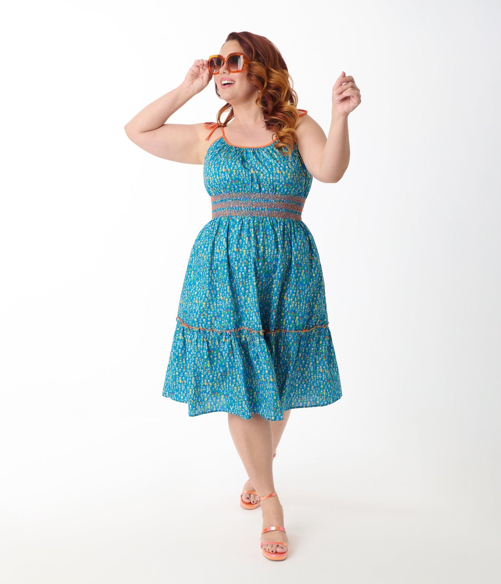 Smak Parlour Plus Size Blue Ditsy Floral Tiered Cotton Flare Dress - Unique Vintage - Womens, DRESSES, FIT AND FLARE