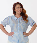 Smak Parlour Plus Size Blue & White Striped Puff Sleeve Blouse - Unique Vintage - Womens, TOPS, WOVEN TOPS