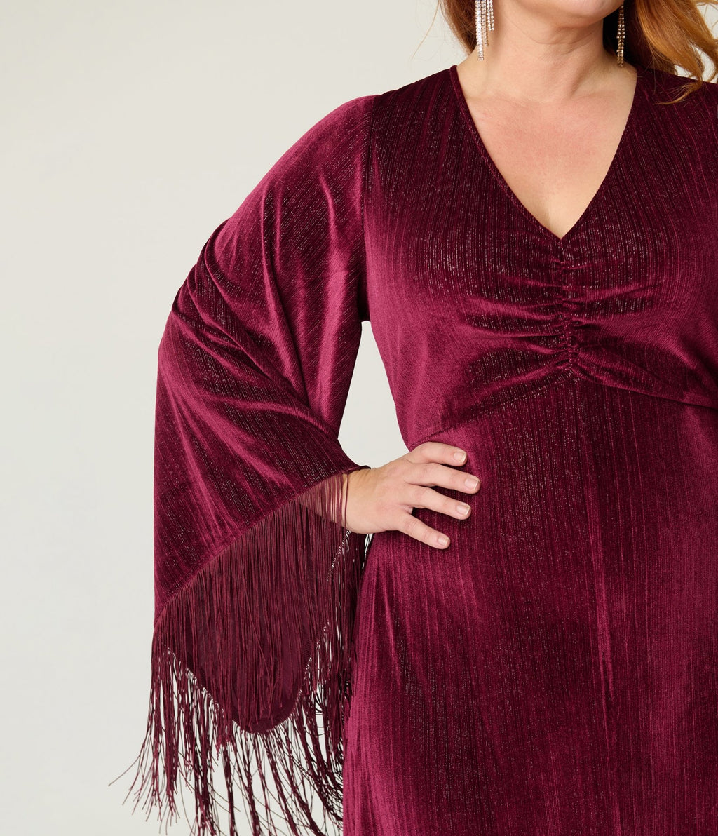 Smak Parlour Plus Size Burgundy Glitter Velvet Fringe Sleeve Stevie Maxi Dress - Unique Vintage - Womens, DRESSES, MAXI