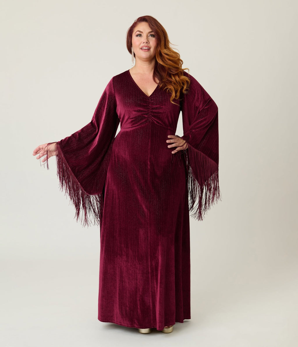 Smak Parlour Plus Size Burgundy Glitter Velvet Fringe Sleeve Stevie Maxi Dress - Unique Vintage - Womens, DRESSES, MAXI