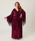 Smak Parlour Plus Size Burgundy Glitter Velvet Fringe Sleeve Stevie Maxi Dress - Unique Vintage - Womens, DRESSES, MAXI