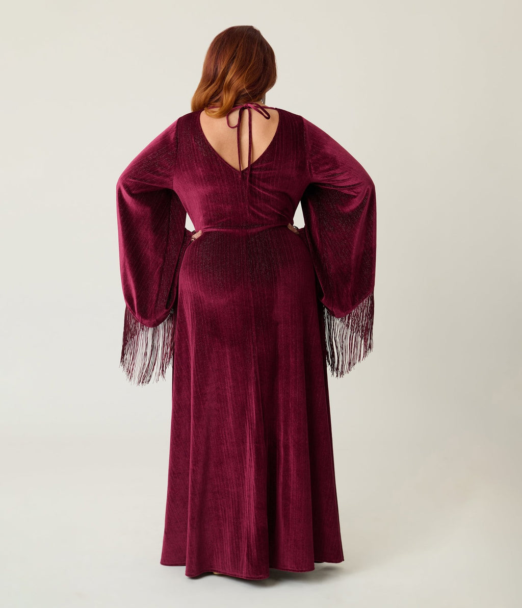 Smak Parlour Plus Size Burgundy Glitter Velvet Fringe Sleeve Stevie Maxi Dress - Unique Vintage - Womens, DRESSES, MAXI