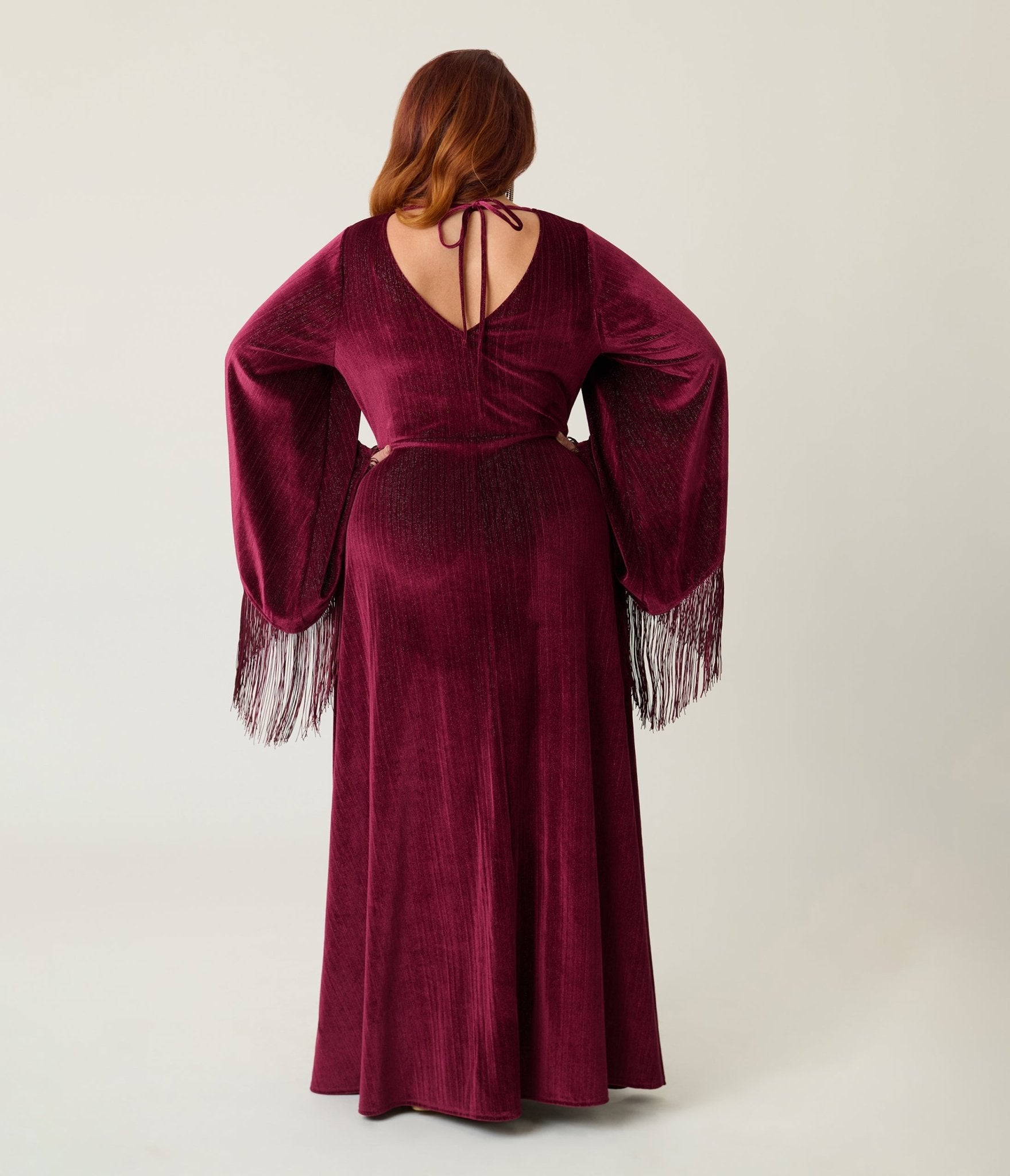 Smak Parlour Plus Size Burgundy Glitter Velvet Fringe Sleeve Stevie Maxi Dress - Unique Vintage - Womens, DRESSES, MAXI