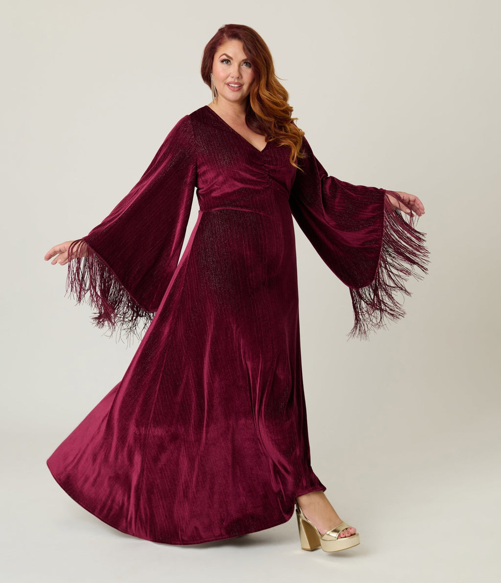 Smak Parlour Plus Size Burgundy Glitter Velvet Fringe Sleeve Stevie Maxi Dress - Unique Vintage - Womens, DRESSES, MAXI
