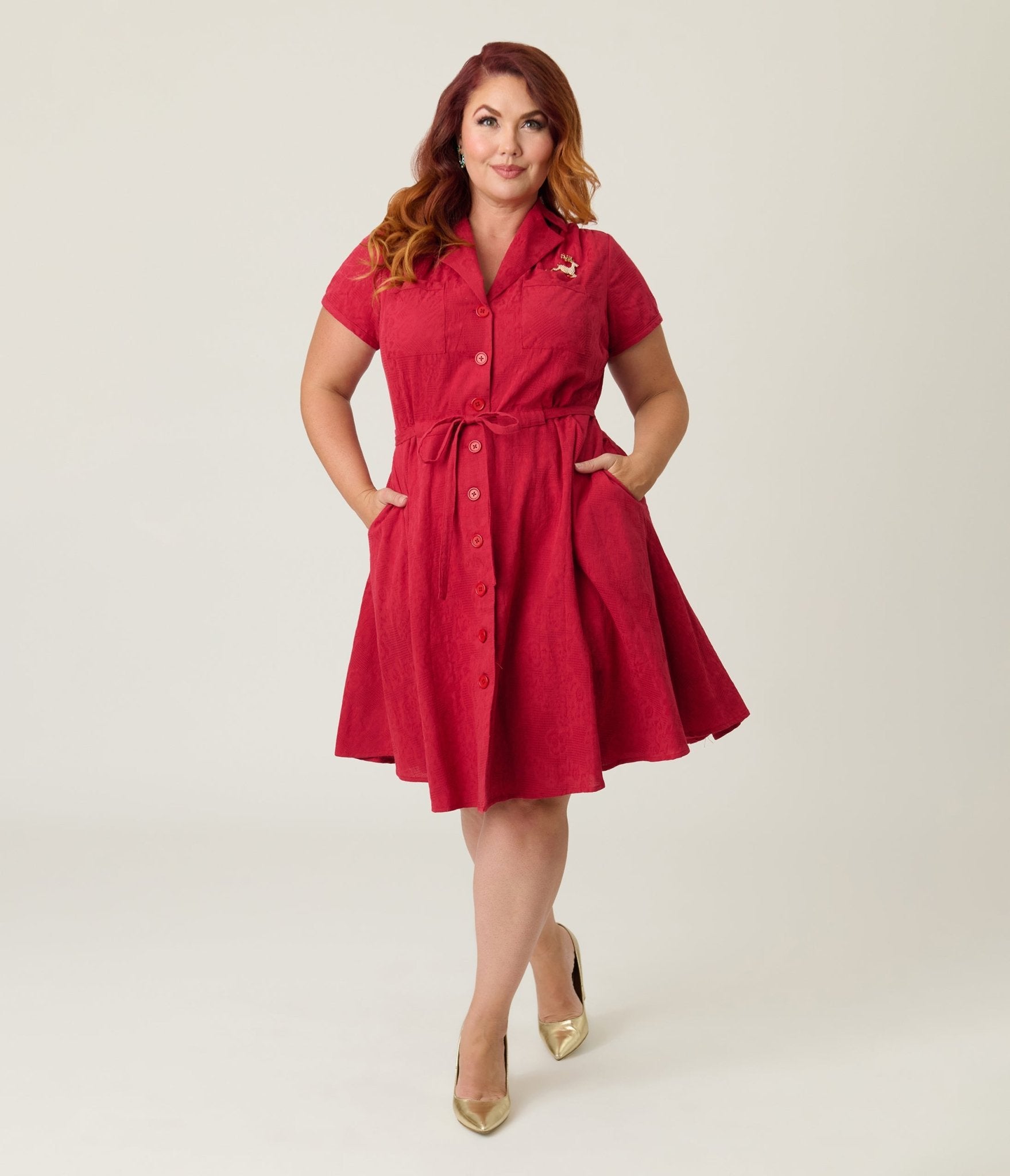 Smak Parlour Plus Size Burgundy Reindeer Cotton Fit & Flare Dress - Unique Vintage - Womens, DRESSES, FIT AND FLARE