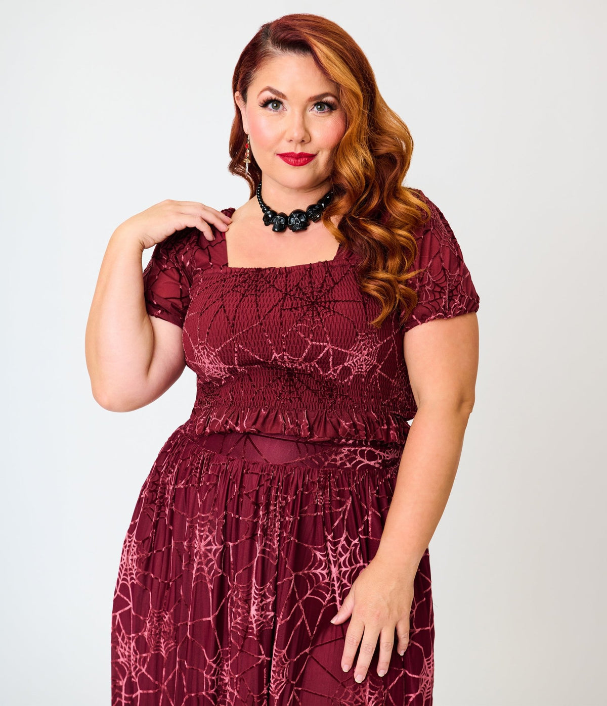 Smak Parlour Plus Size Burgundy Spider Web Burnout Crop Top - Unique Vintage -