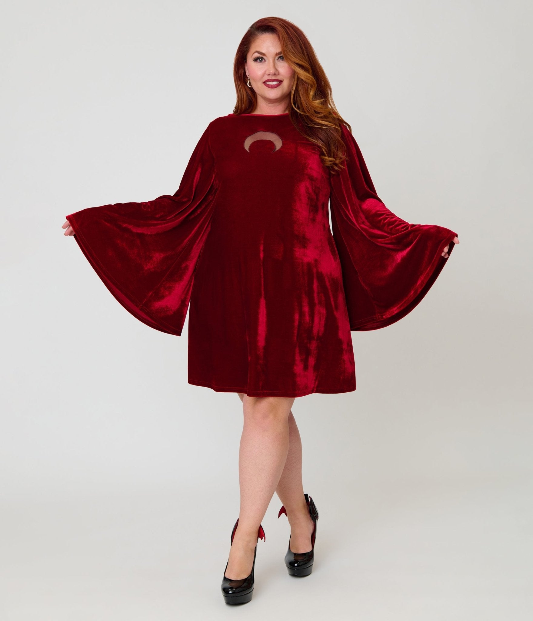 Smak Parlour Plus Size Burgundy Velvet Moon Cutout Downtown Scene Mini Dress 4X/28W-30W
