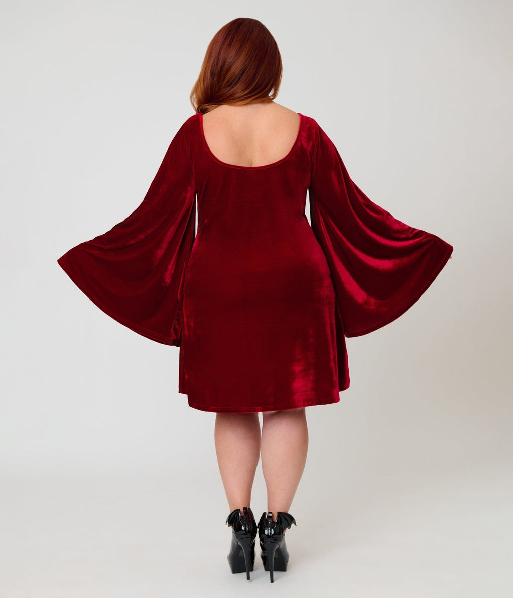 Smak Parlour Plus Size Burgundy Velvet Moon Cutout Downtown Scene Mini Dress - Unique Vintage - Womens, DRESSES, FIT AND FLARE