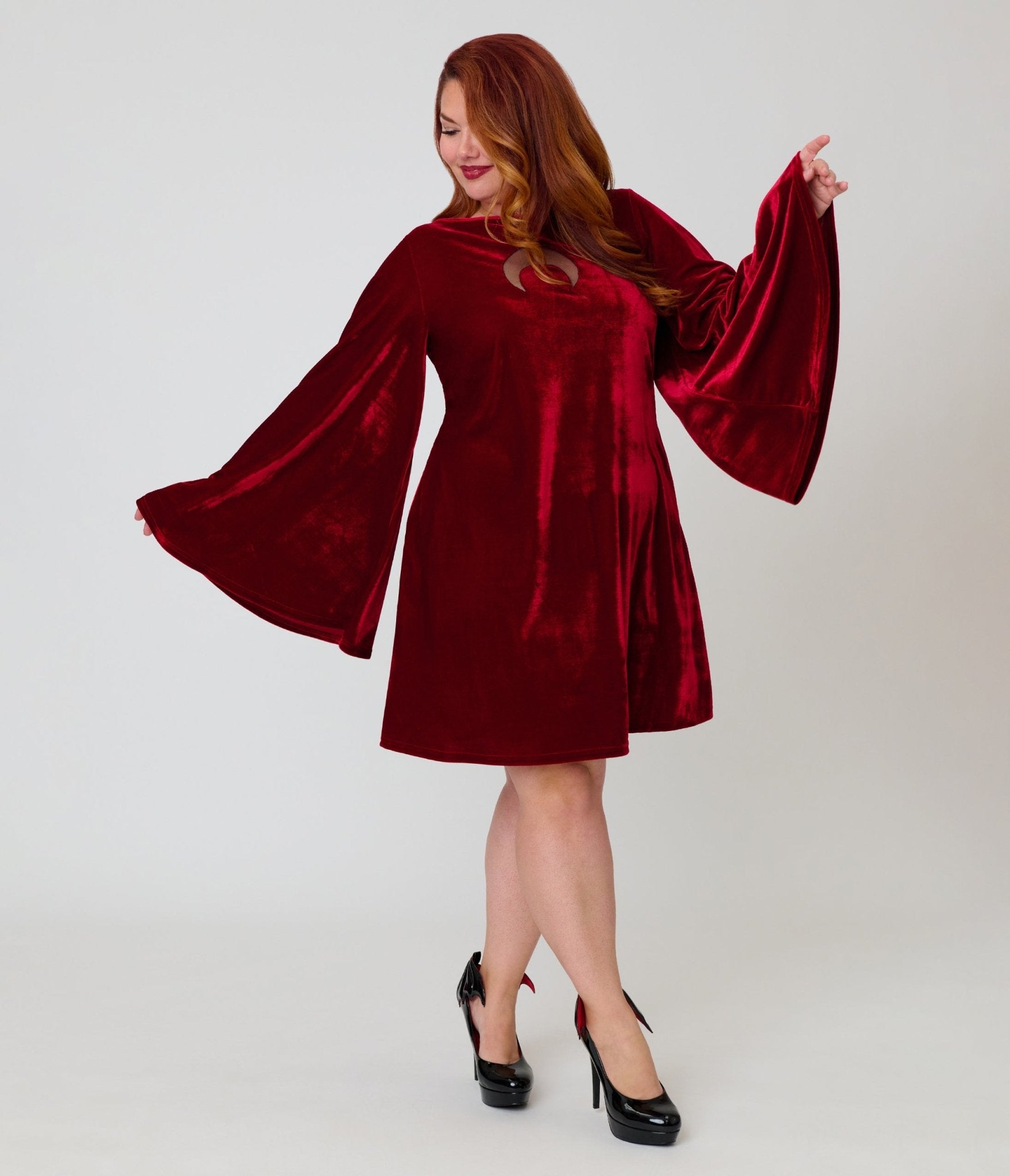 Smak Parlour Plus Size Burgundy Velvet Moon Cutout Downtown Scene Mini Dress 4X/28W-30W