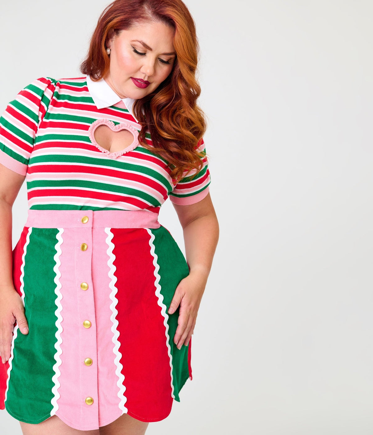 Smak Parlour Plus Size Candy Cane Christmas Stripe Campus Mini Skirt - Unique Vintage - Mini Skirts