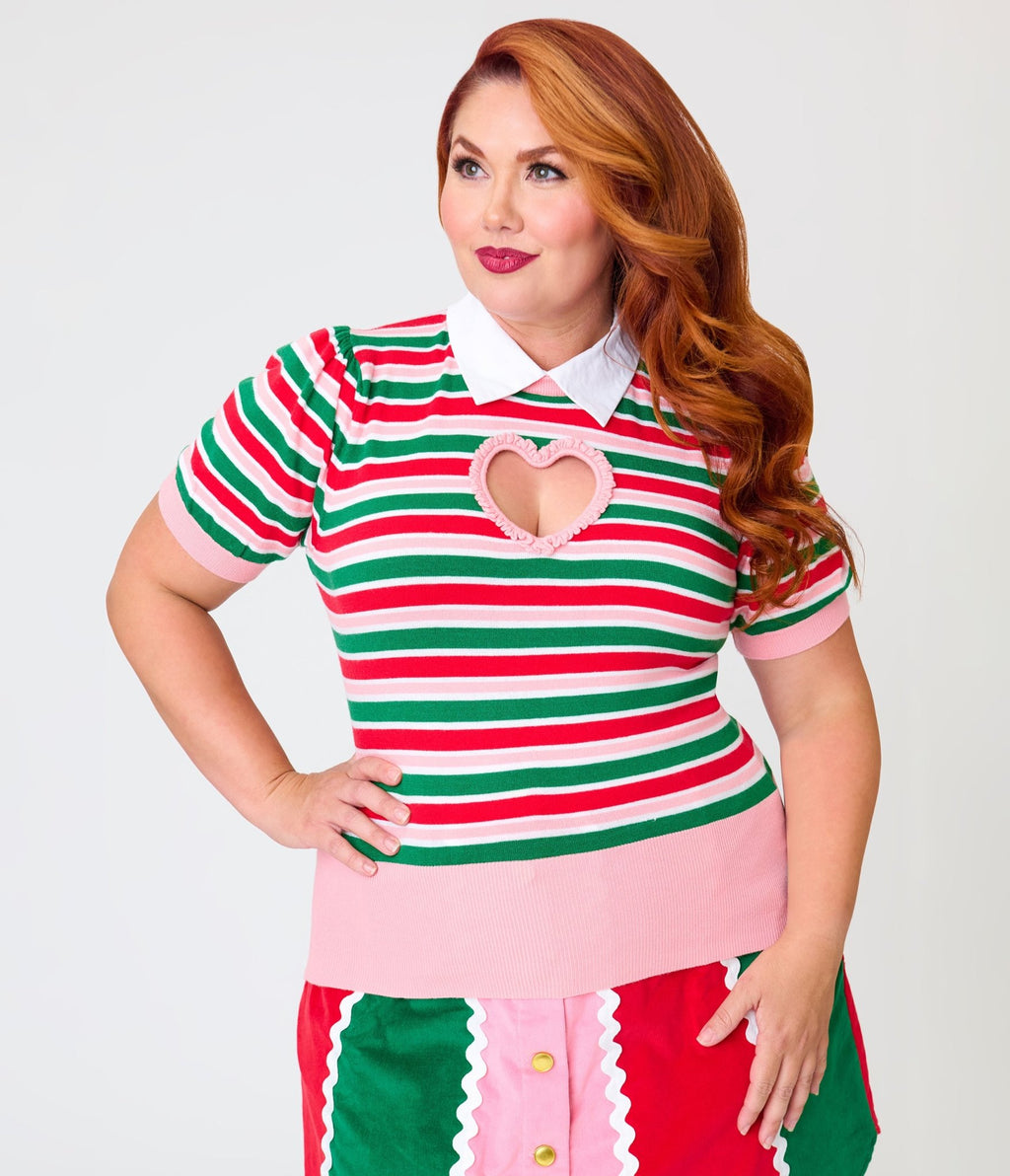 Smak Parlour Plus Size Candy Cane Christmas Stripe Keyhole Heart Sweater - Unique Vintage - Sweaters