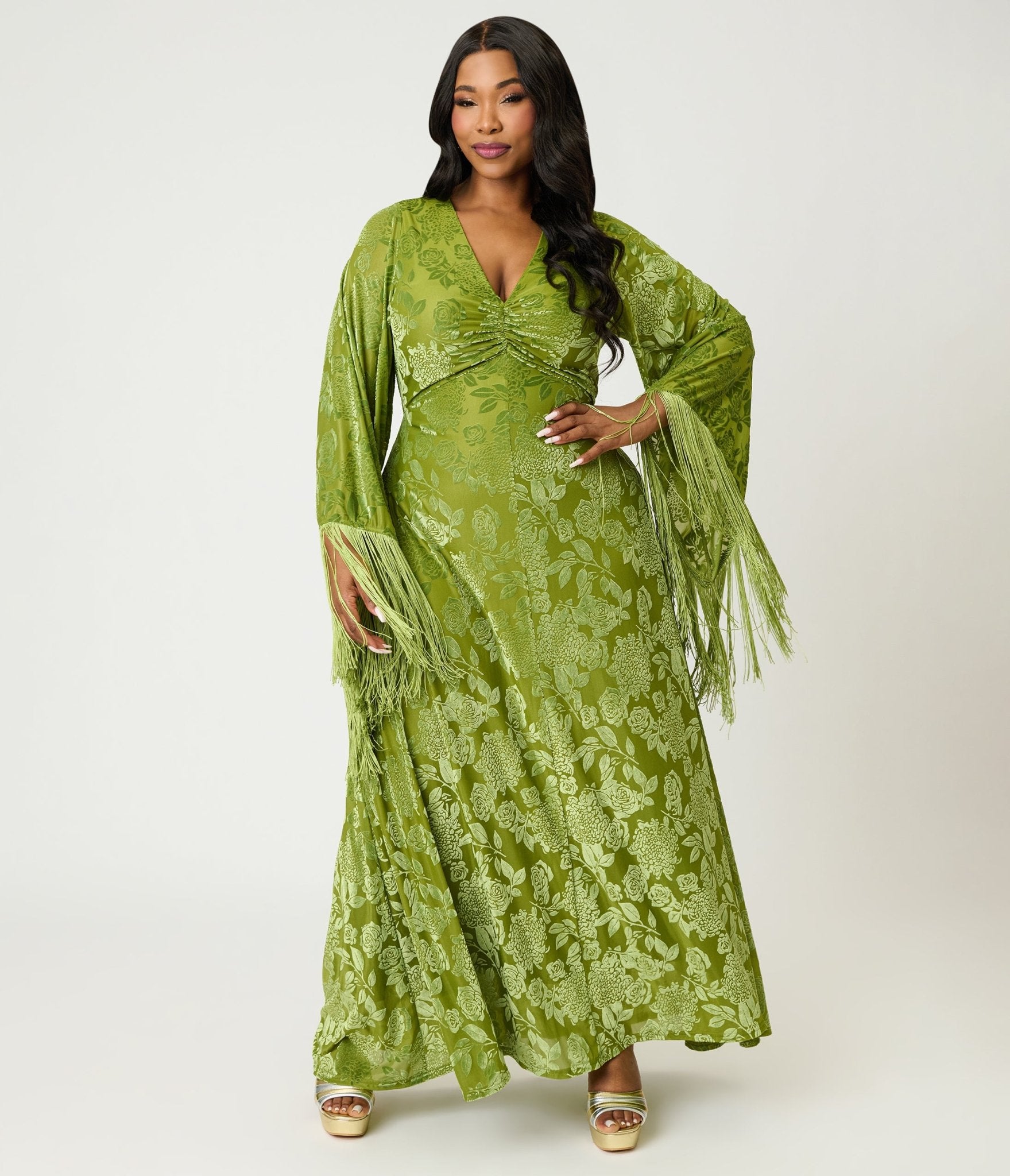 Smak Parlour Plus Size Chartreuse Velvet Burnout Fringe Sleeve Stevie Maxi Dress 2X/20W-22W