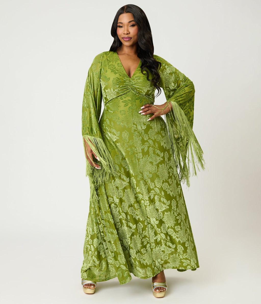 Smak Parlour Plus Size Chartreuse Velvet Burnout Fringe Sleeve Stevie Maxi Dress - Unique Vintage - Womens, DRESSES, MAXI