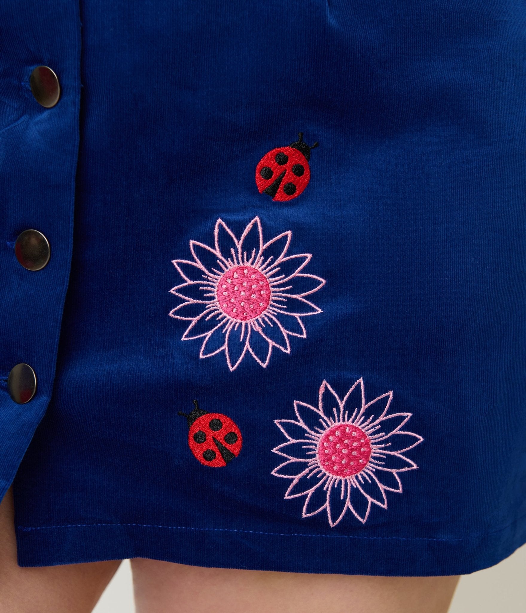 Smak Parlour Plus Size Dark Blue Ladybug Embroidered Corduroy Mini Skirt - Unique Vintage - Womens, BOTTOMS, SKIRTS