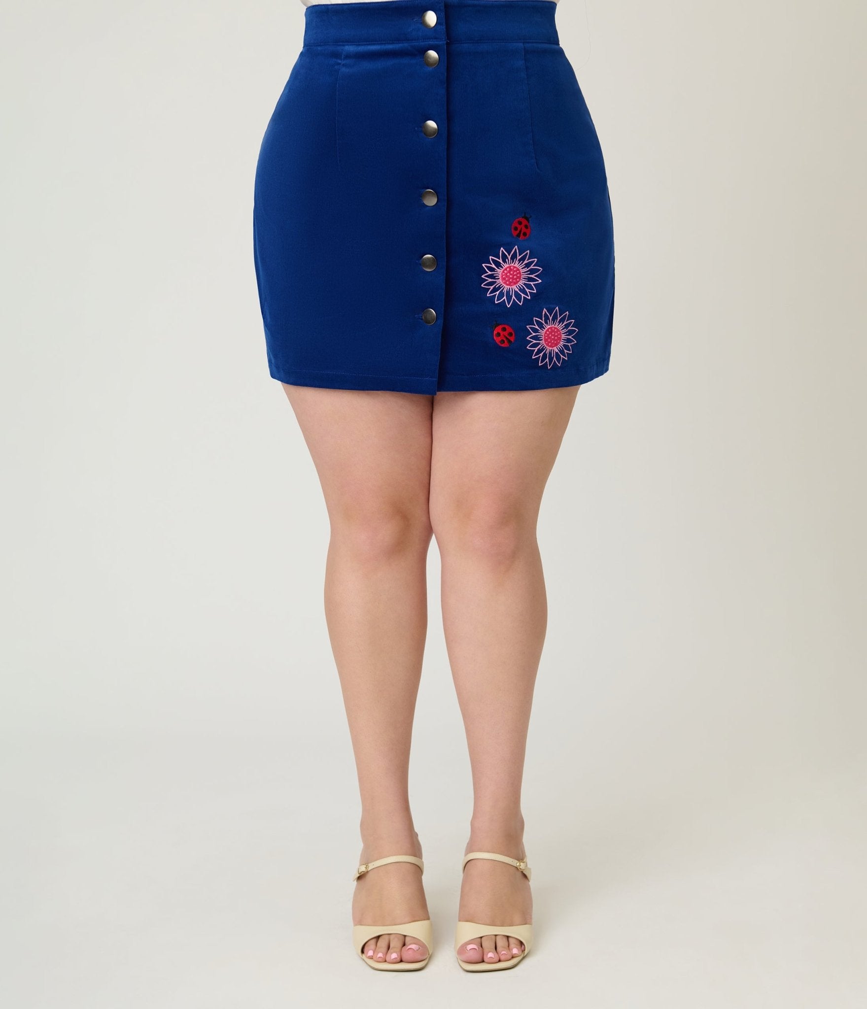 Smak Parlour Plus Size Dark Blue Ladybug Embroidered Corduroy Mini Skirt - Unique Vintage - Womens, BOTTOMS, SKIRTS