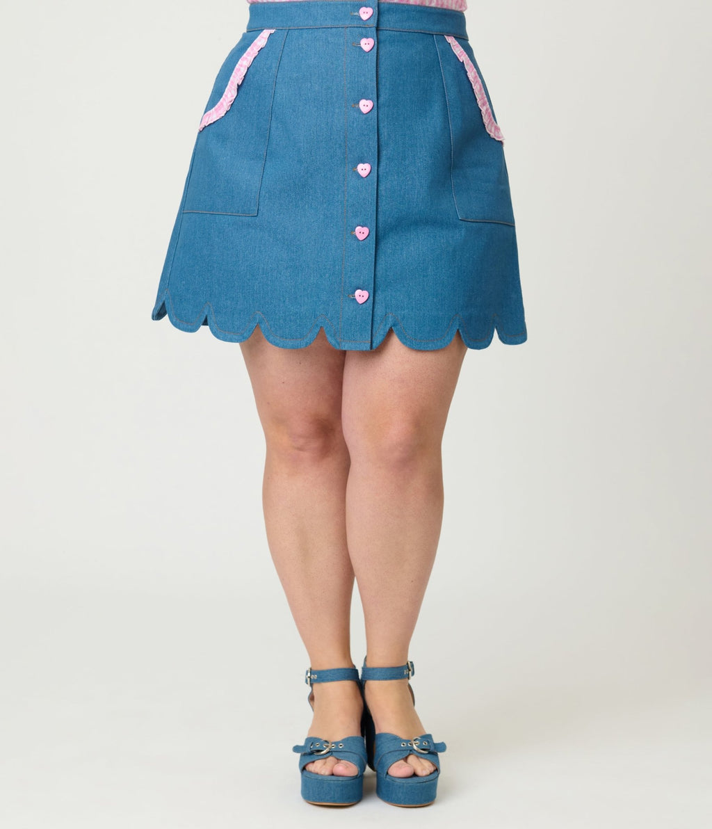 Smak Parlour Plus Size Denim & Pink Gingham Campus Mini Skirt - Unique Vintage - Womens, BOTTOMS, SKIRTS