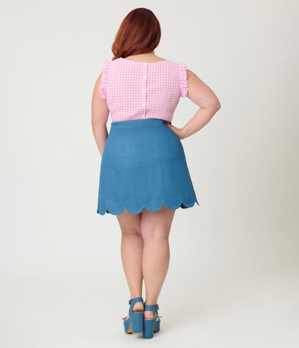 Smak Parlour Plus Size Denim & Pink Gingham Campus Mini Skirt - Unique Vintage - Womens, BOTTOMS, SKIRTS
