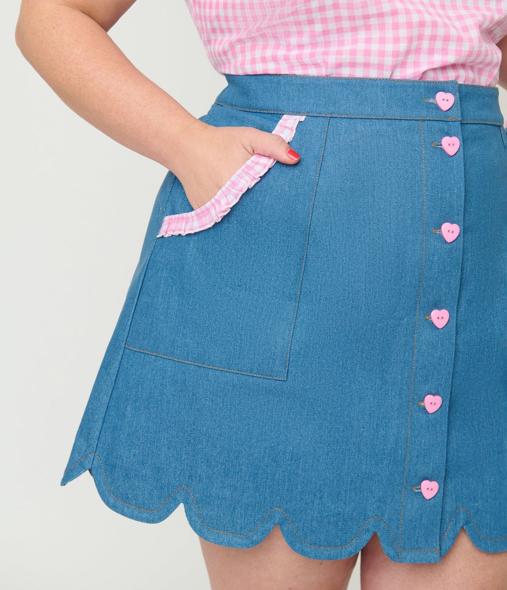 Smak Parlour Plus Size Denim & Pink Gingham Campus Mini Skirt - Unique Vintage - Womens, BOTTOMS, SKIRTS