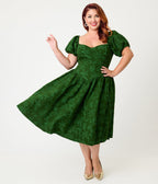 Smak Parlour Plus Size Green Floral Brocade Swing Dress - Unique Vintage - Womens, DRESSES, SWING