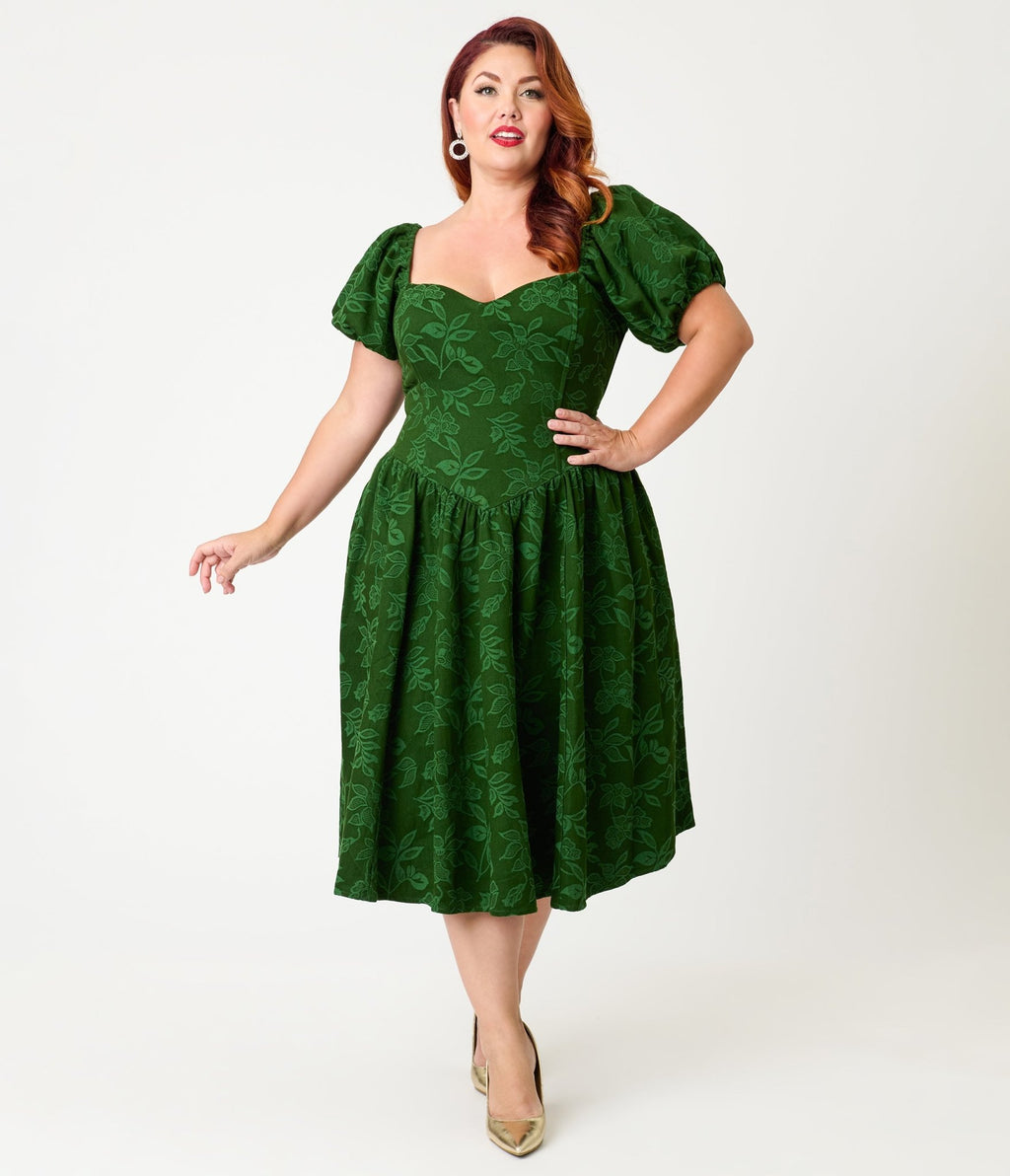 Smak Parlour Plus Size Green Floral Brocade Swing Dress - Unique Vintage - Womens, DRESSES, SWING