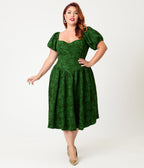 Smak Parlour Plus Size Green Floral Brocade Swing Dress - Unique Vintage - Womens, DRESSES, SWING