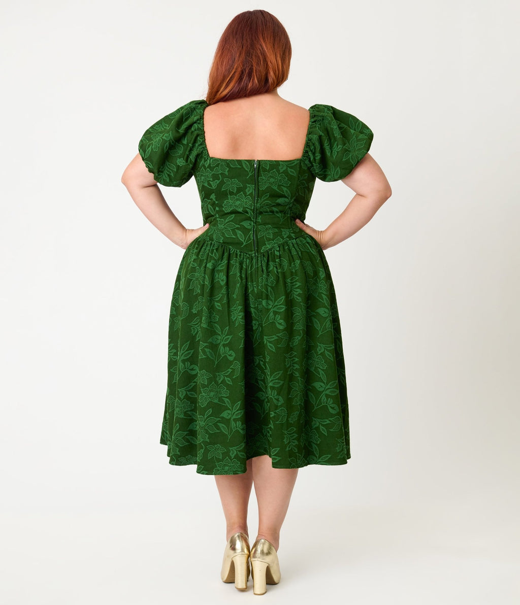 Smak Parlour Plus Size Green Floral Brocade Swing Dress - Unique Vintage - Womens, DRESSES, SWING
